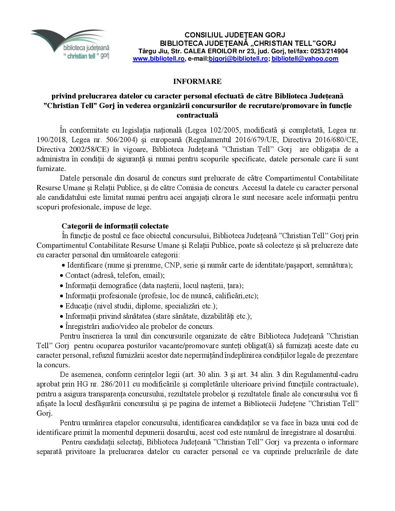 Informare privind prelucrarea datelor pentru concursurile de recrutare/promovare